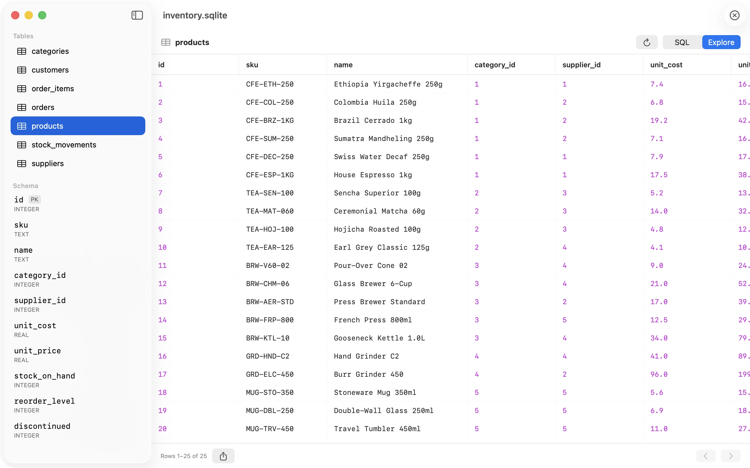 Explore mode showing the products table page by page, with the column names and types of the selected table listed in the sidebar.